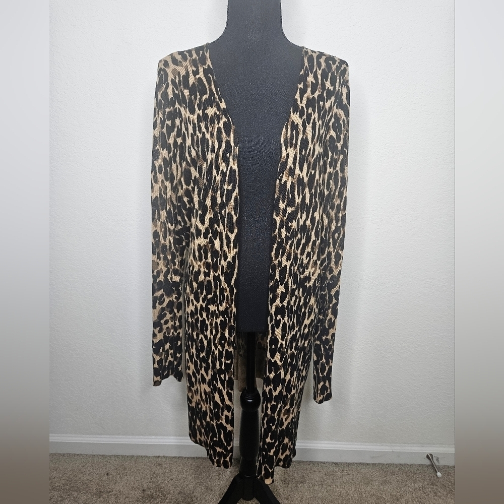 Halogen Linen Blend Leopard Animal Print Long Sleeve Open Front Duster Cardigan
